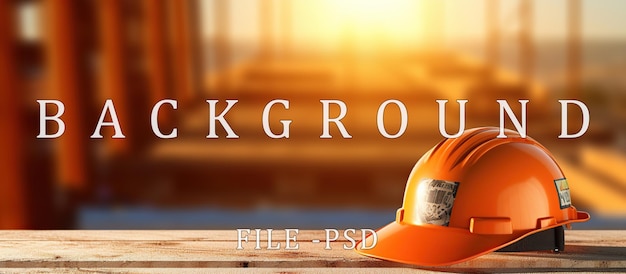 construction safety equipment helmet on construction site orange sun background