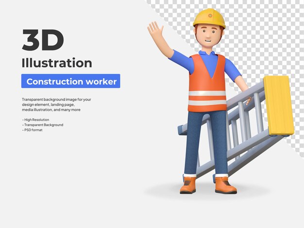 PSD construction worker carrying ladder 3d cartoon character illustration