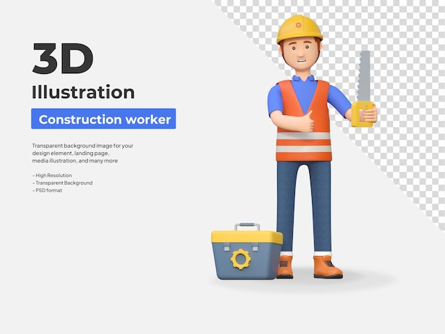 Construction worker carrying wood saw 3d cartoon character illustration