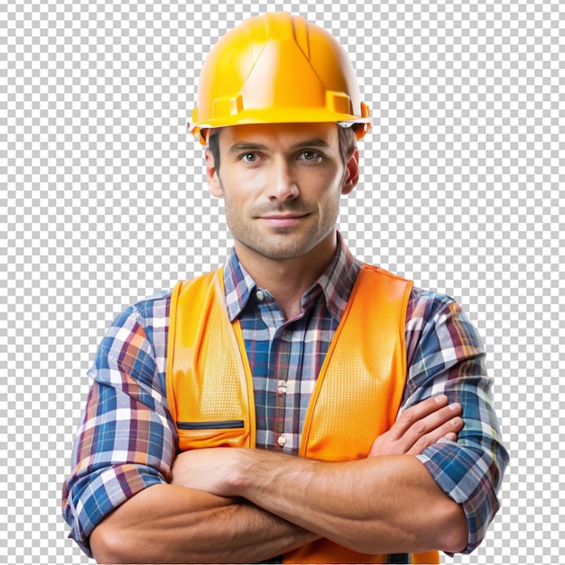 PSD construction worker crossed arms isolated on white background