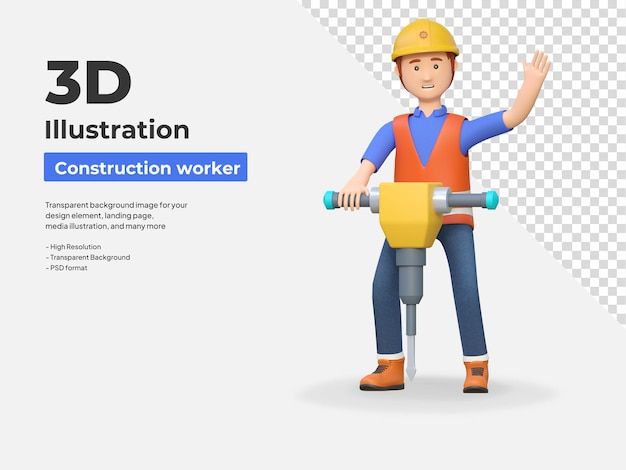 Construction worker holding jackhammer drill 3d cartoon character illustration