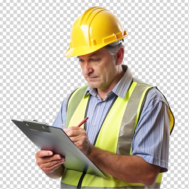 PSD construction worker inspector checking notes on transparent background