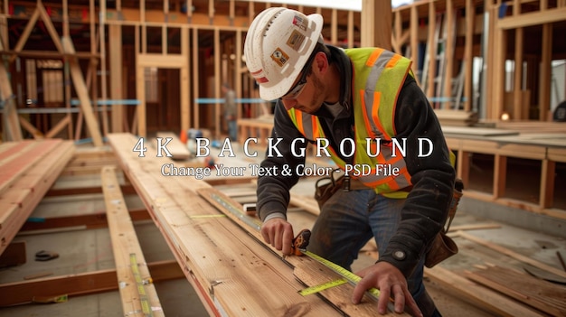 PSD construction worker measuring wood beam