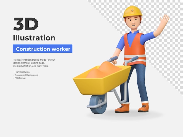 PSD construction worker pushing wheelbarrow 3d cartoon character illustration