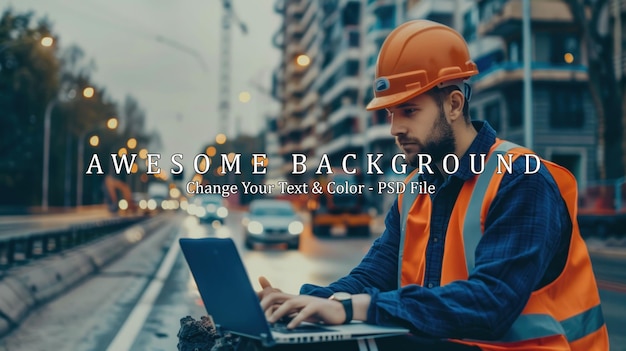 Construction Worker Using Laptop in City