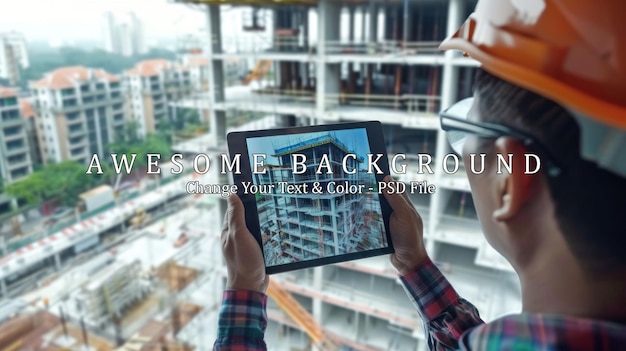 PSD construction worker using tablet and vr glasses to view building plans