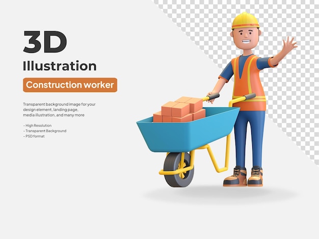 PSD construction worker wearing helmet and vest pushing wheelbarrow full of brick 3d render illustration