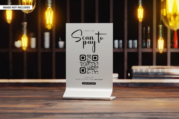 Contactless QR code scan to pay sign on bar counter mockup