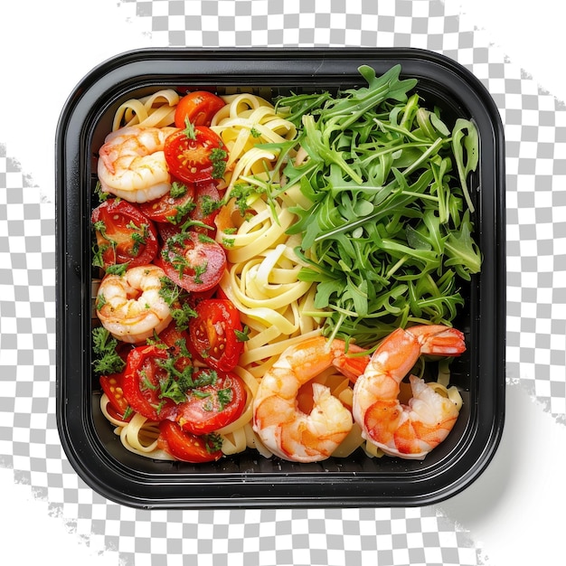 PSD a container of pasta with shrimp tomatoes and greens