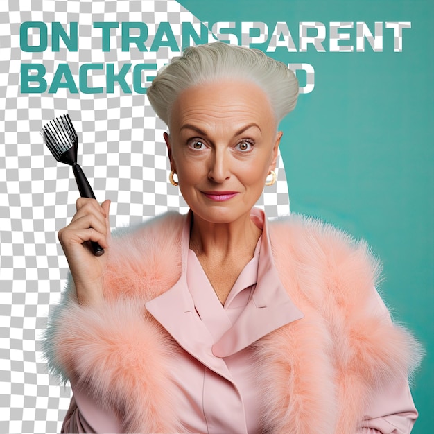 A Content Senior woman with Bald Hair from the Nordic ethnicity dressed in Broadcaster attire poses in a Hand Brushing Through Hair style against a Pastel Teal background