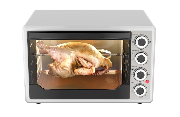 PSD convection toaster oven with rotisserie and grill with chicken inside 3d rendering isolated on transparent background