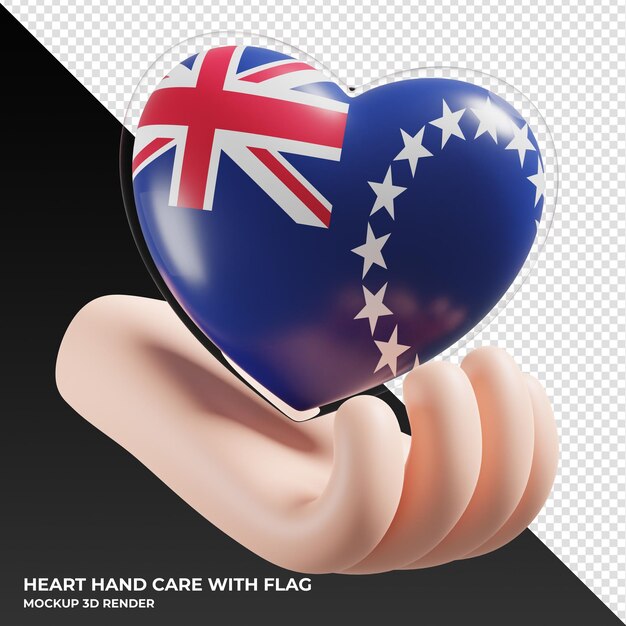 Cook Islands flag with heart hand care realistic 3d textured