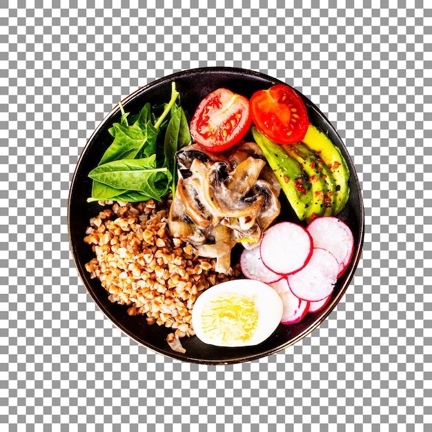 Cooked buckwheat with avocado and mushrooms on transparent background