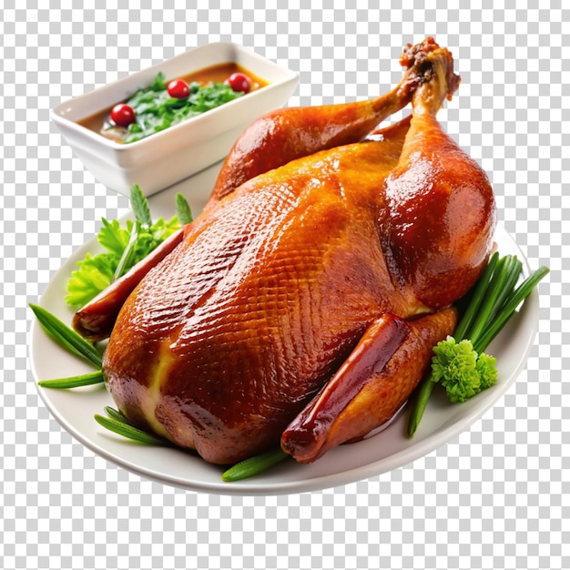 A cooked chicken on a plate on transparent background