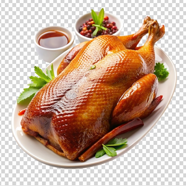 A cooked chicken on a plate on transparent background