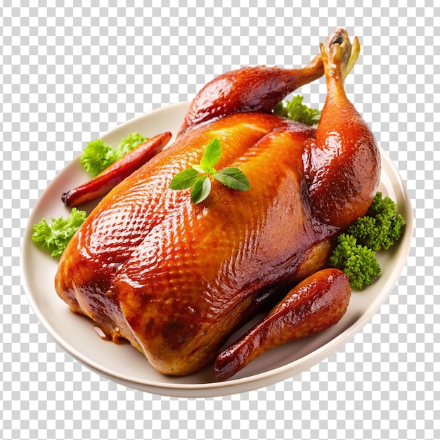 A cooked chicken on a plate on transparent background