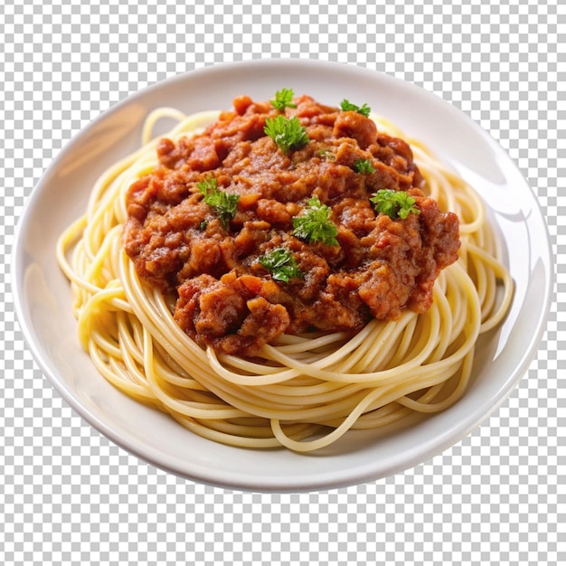 PSD cooked spaghetti bolognese on white plate transparent background