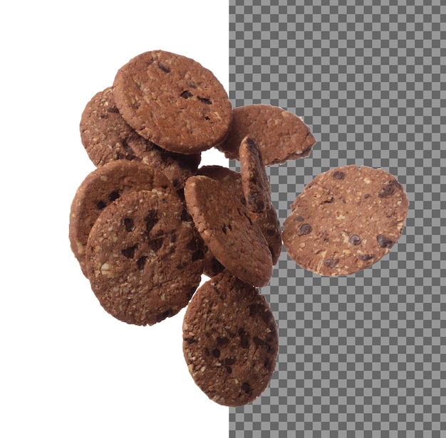 Cookie Chocolate ship round fall fly in mid air Cocoa Cookie Chocolate ship floating Cookie Chocolate ship complete round throw in air White background isolated freeze motion high speed shutter