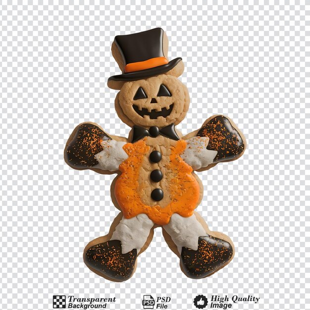 cookie shaped like a man in a costume with a pumpkin on his head