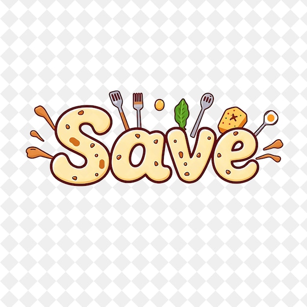 PSD cooking anime text save with food illustrations and cooking utensils text is plump and cute with