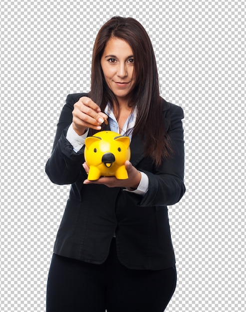 Cool business-woman with piggy-bank