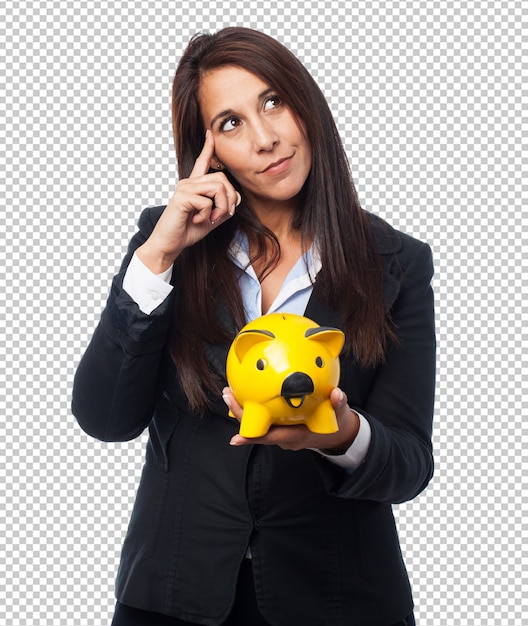 Cool business-woman with piggy-bank