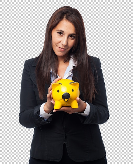 Cool business-woman with piggy-bank