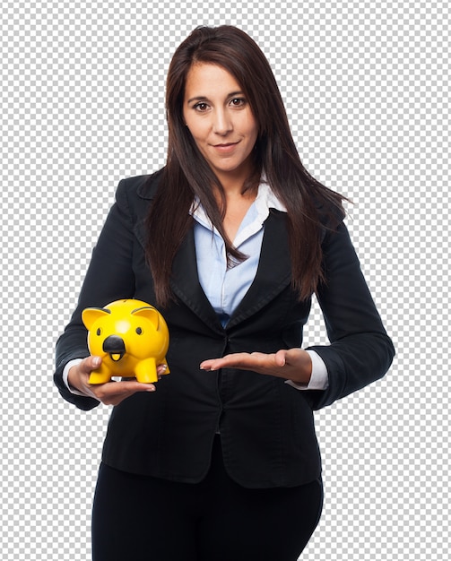 Cool business-woman with piggy-bank