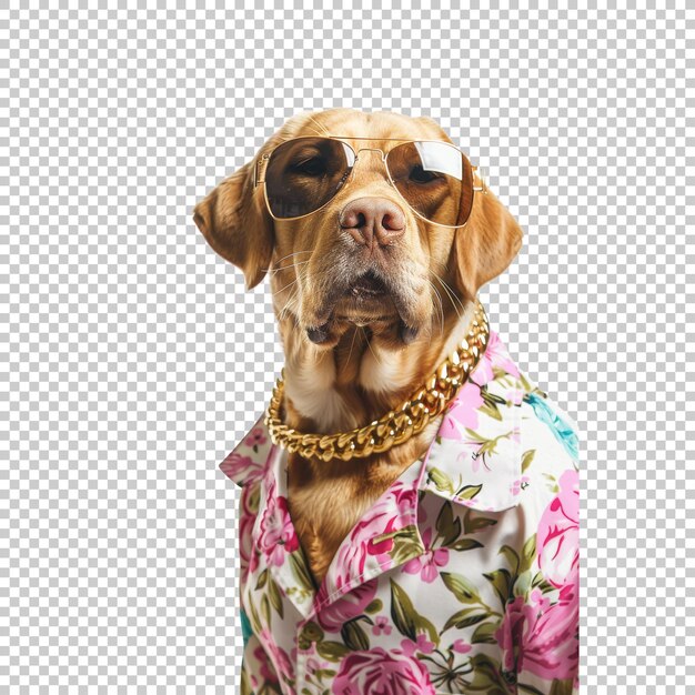 Cool dog in sunglasses and floral shirt isolated on transparent background