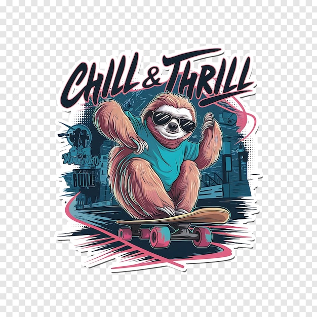 PSD cool and funky cute sloth on skateboard with the text says chill and thrill