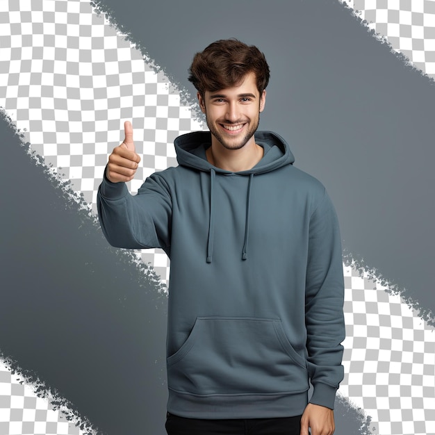 PSD cool man in a blue hoodie takes a photo writes a message and points his thumb in an empty space with a modern device on a pink isolated background