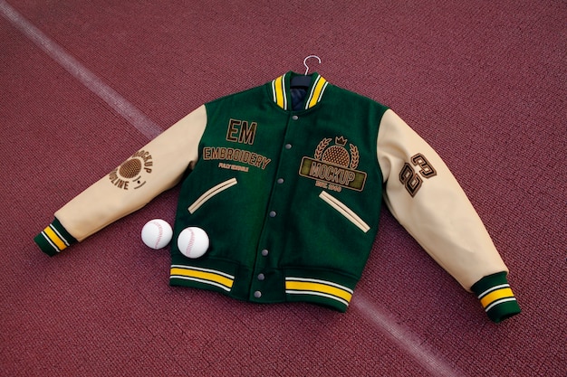 PSD cool varsity jacket top view mockup