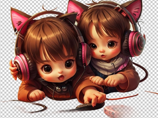 cool young pink cat girl with headphones