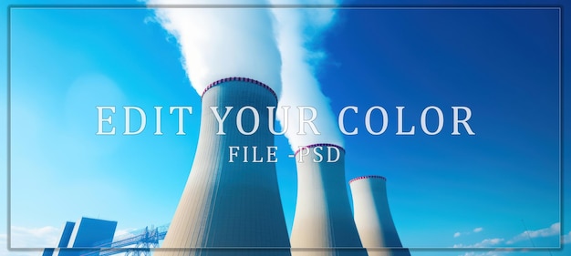 PSD cooling towers against a clear blue sky