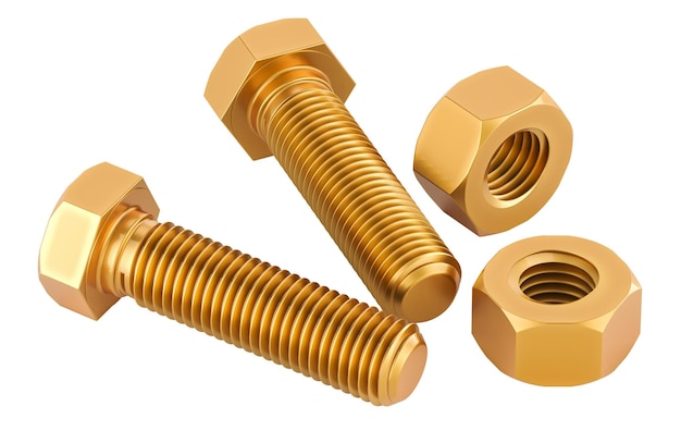 Copper bolts with nuts 3D rendering isolated on transparent background