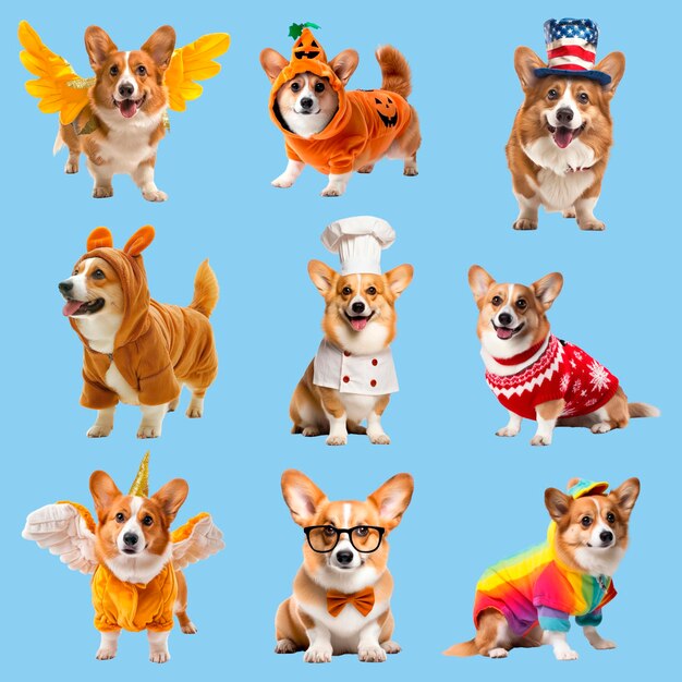 PSD corgis in colorful themed costumes