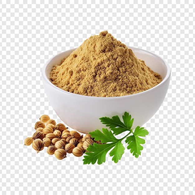 PSD coriander powder bowl with coriander seed isolated on transparent background