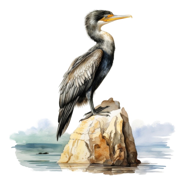 Cormorant Bird Illustration Watercolor Style AI Generated