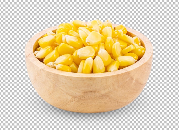 Corn seeds in wood bowl isolated on alpha layer