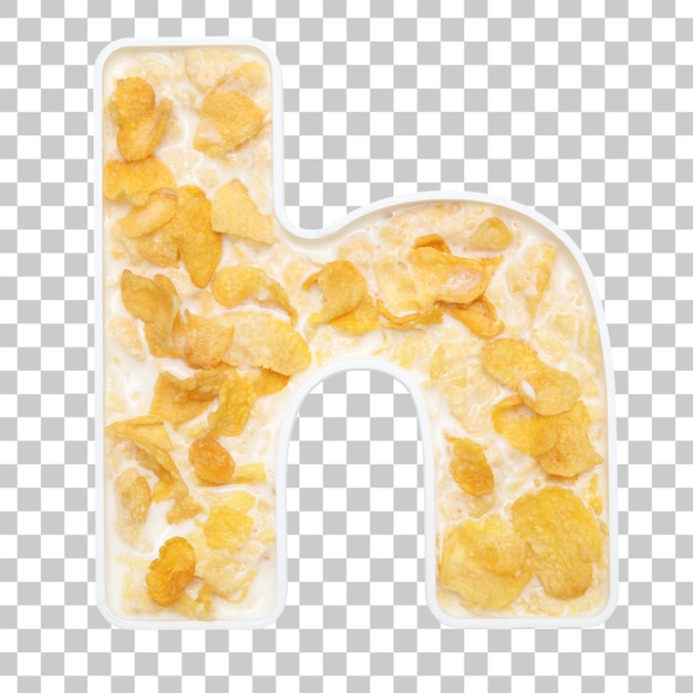 Cornflakes cereal with milk in letter h bowl