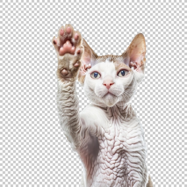 PSD cornish rex cat raising paw isolated on transparent background