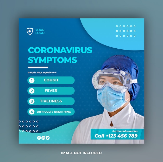 Coronavirus symptoms banner or square flyer for social media post template