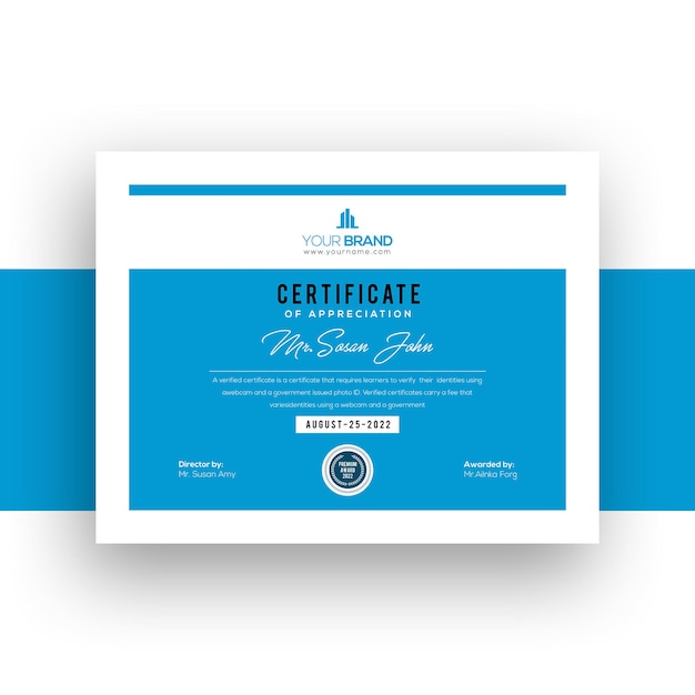 PSD corporate company gradient modern certificate template blue