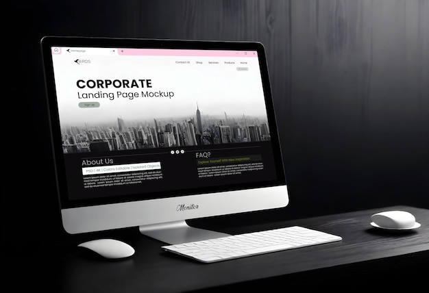 Corporate landing page mockup presentation isolated in iMac monitor screen in a desk dark background