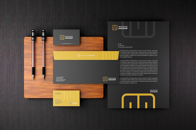 Corporate stationery mockup with dark theme