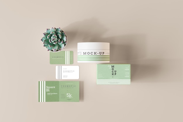 PSD cosmetic jar with box mockup scene