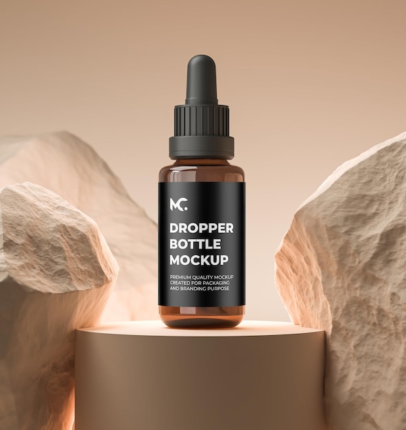 Cosmetic Pipette bottle Serum dropper on stone podium display mockup package 3d rendering