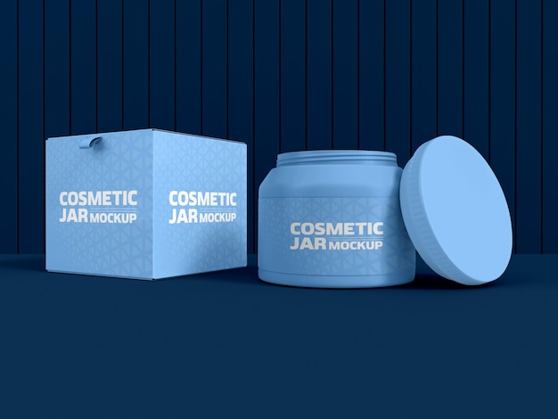 Cosmetic Plastic jar with packaging box and label mockup