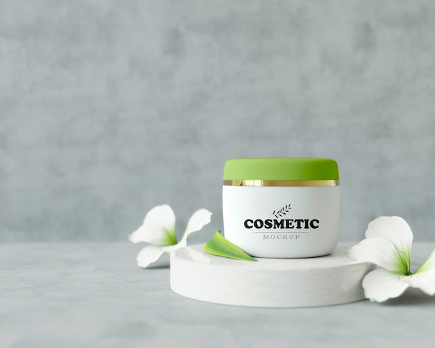 Cosmetic product on a stand with flowers