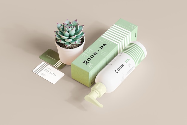 Cosmetic Pump Bottle and Box Mockup Scene